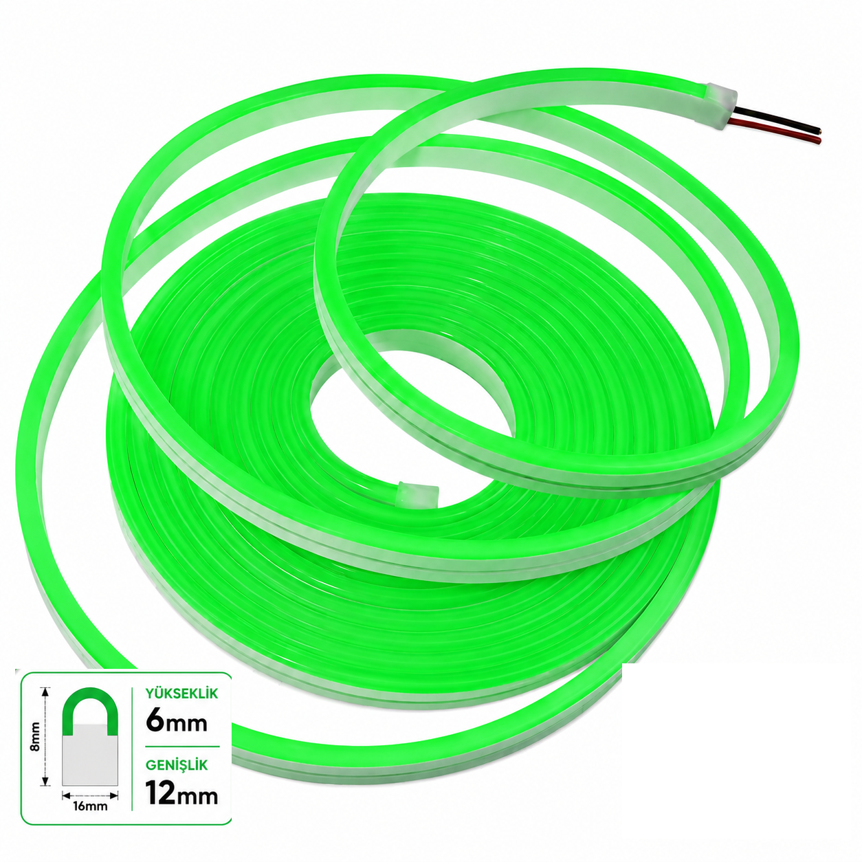 Neon Led 12V 6x12mm 2,5/cm Kes. Full Silikon-5 Metre-Yeşil