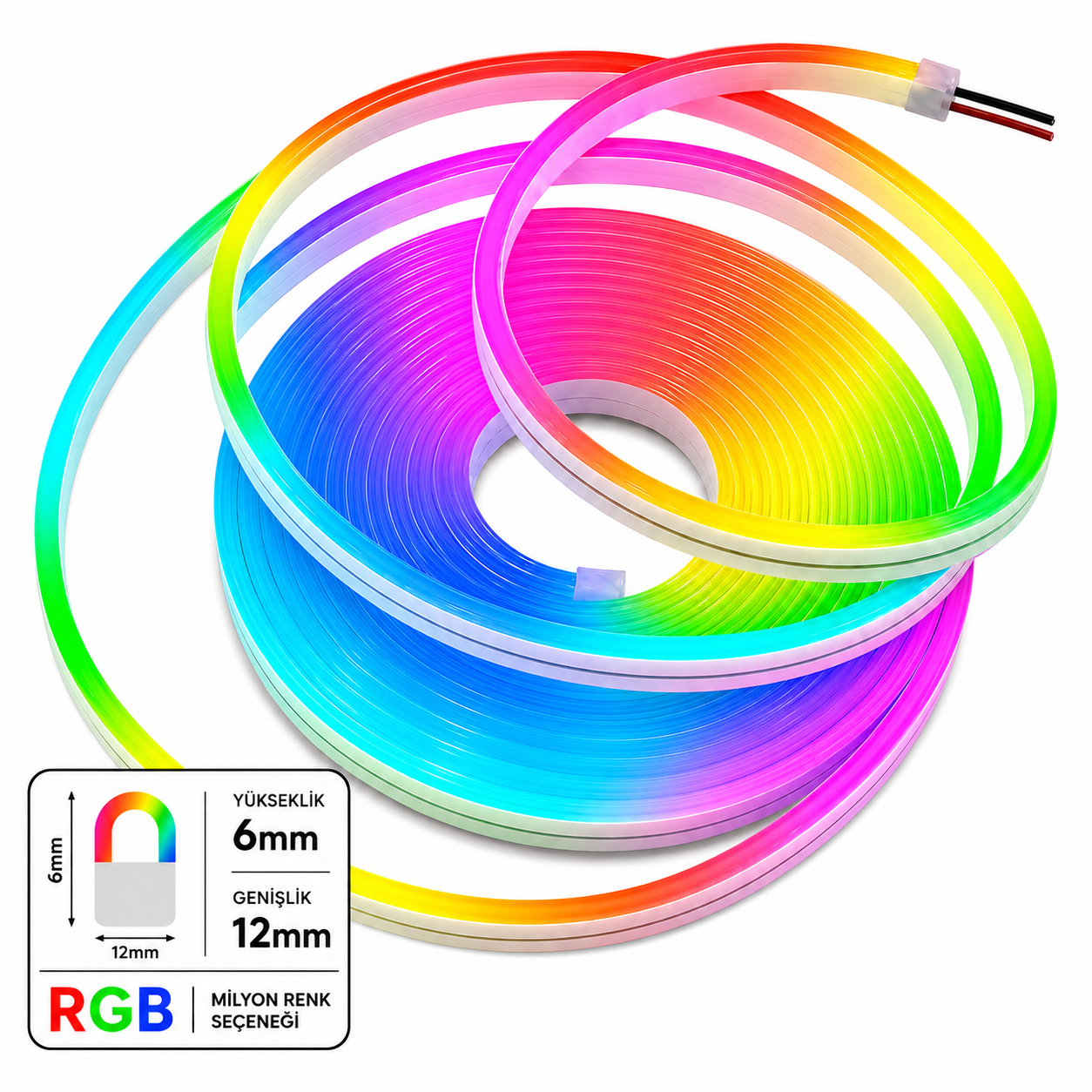 Neon Led 12V 6x12mm 1/cm Kes. Full Silikon-5 Metre-RGB