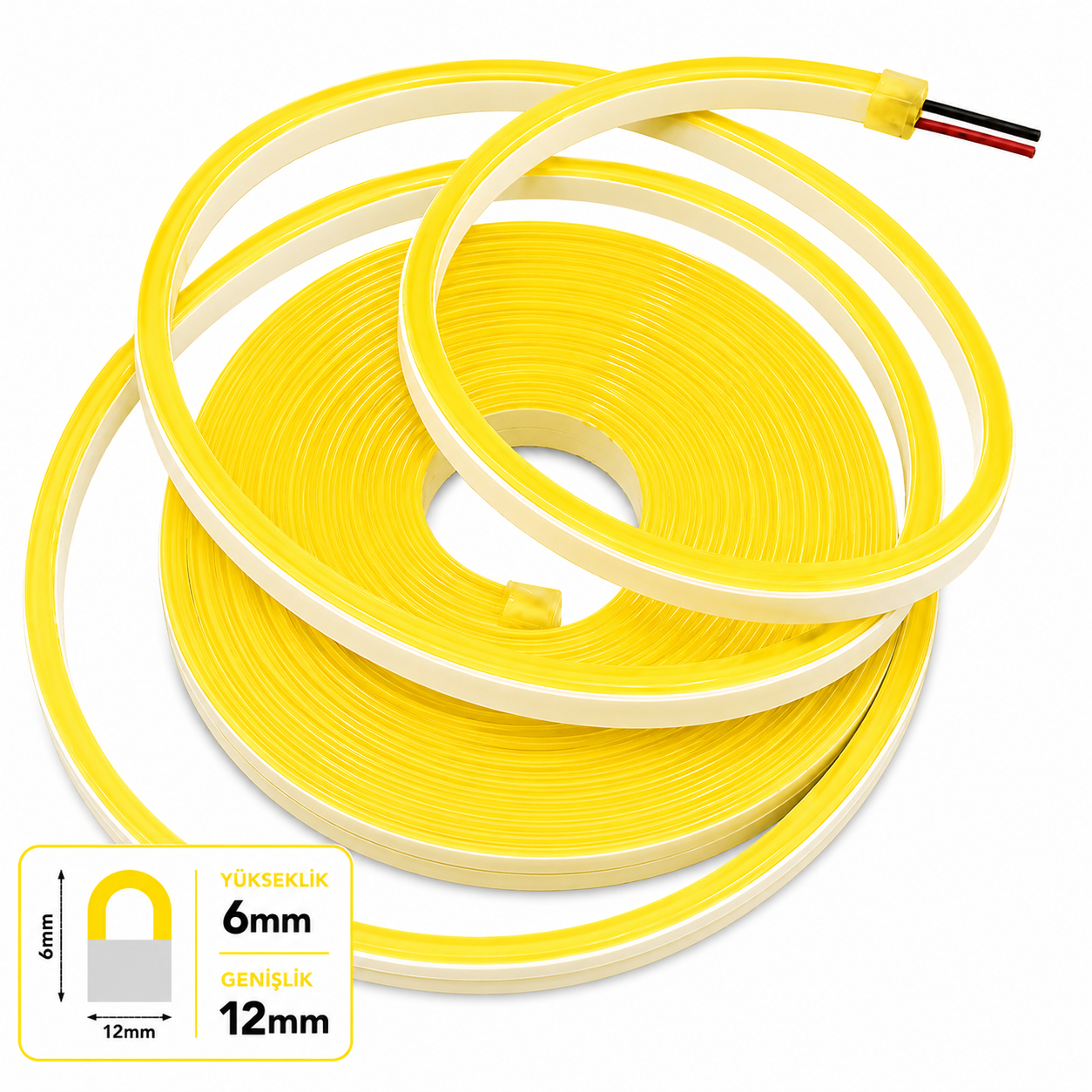 Neon Led 12V 6x12mm 1/cm Kes. PVC-5 Metre-Sarı
