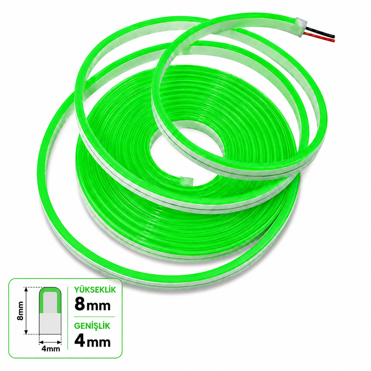 Neon Led 12V 4x8mm 2,5/cm Kes. PVC-200 Metre-Yeşil